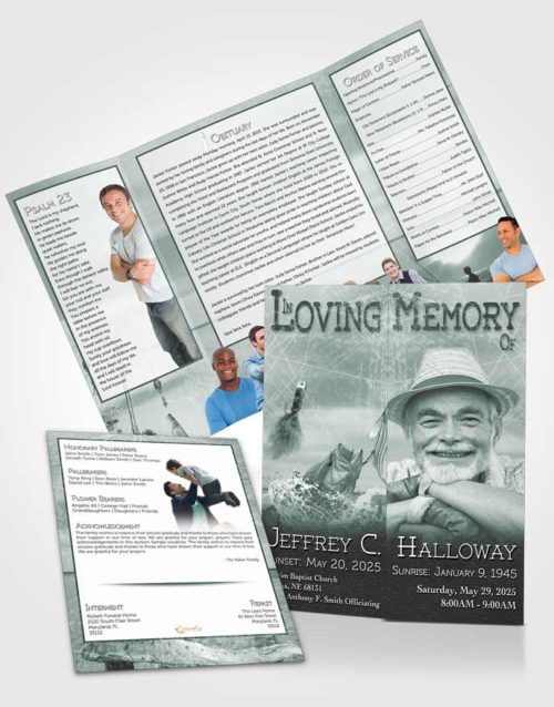 Obituary Funeral Template Gatefold Memorial Brochure Soft Forest Waters Calm Fisherman
