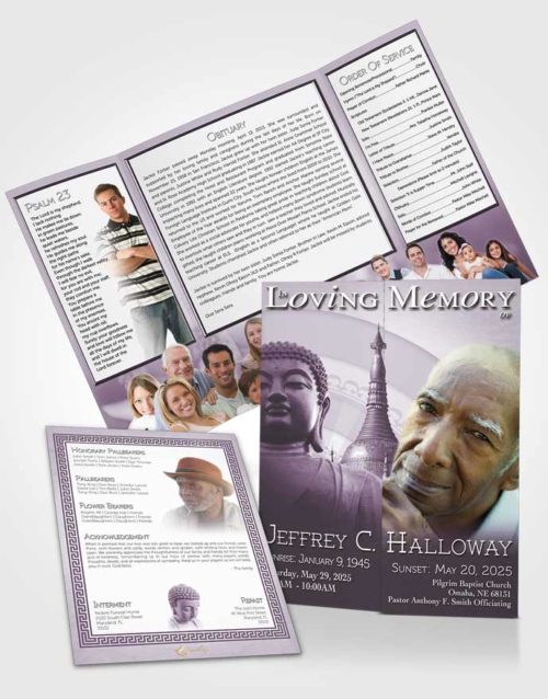 Obituary Funeral Template Gatefold Memorial Brochure Soft Lavender Buddhist Faith