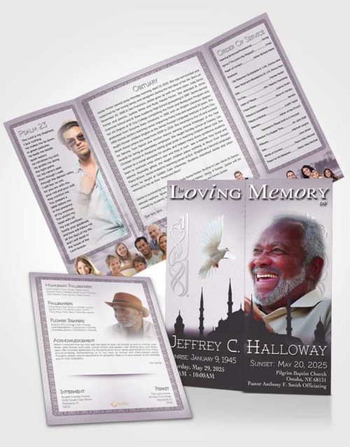 Obituary Funeral Template Gatefold Memorial Brochure Soft Lavender Sky Islamic Serenity