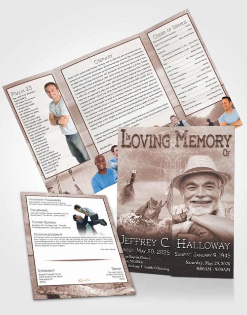 Obituary Funeral Template Gatefold Memorial Brochure Soft Red Waters Calm Fisherman