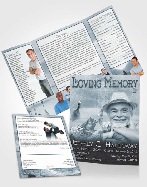 Obituary Funeral Template Gatefold Memorial Brochure Soft Turquoise Waters Calm Fisherman