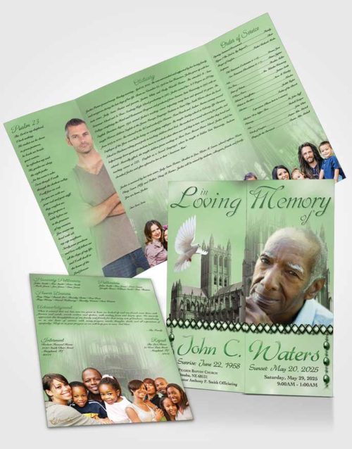 Obituary Funeral Template Gatefold Memorial Brochure Spring Cathedral Emerald Gold