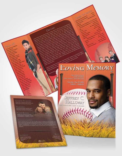 Obituary Funeral Template Gatefold Memorial Brochure Summer Ruby Baseball Star Dark