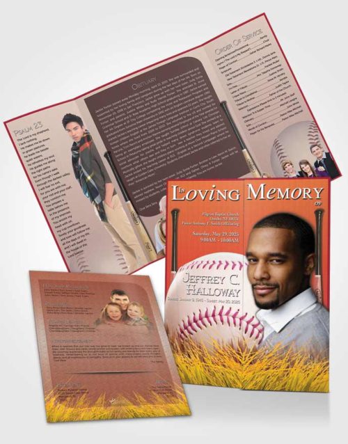 Obituary Funeral Template Gatefold Memorial Brochure Summer Ruby Baseball Star Light