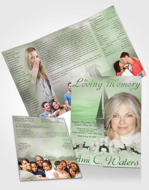 Obituary Funeral Template Gatefold Memorial Brochure Sunrise Sailor Emerald Glow