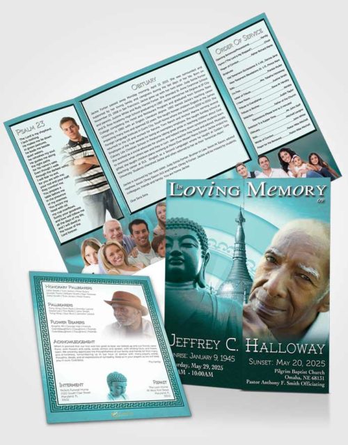 Obituary Funeral Template Gatefold Memorial Brochure Turquoise Buddhist Faith