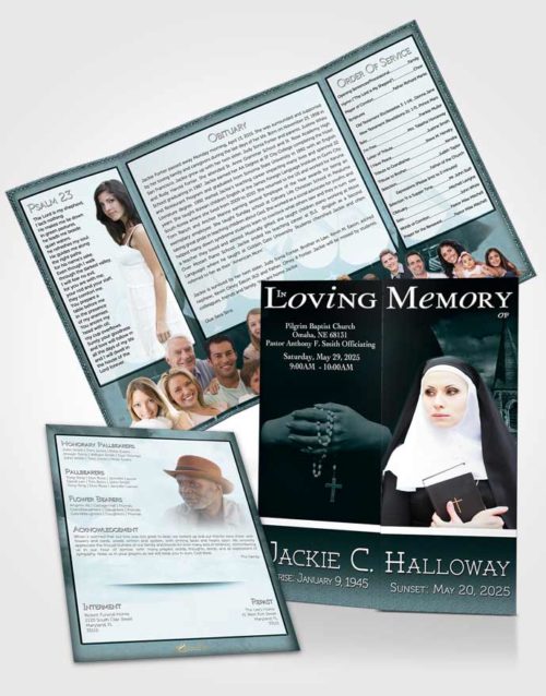Obituary Funeral Template Gatefold Memorial Brochure Turquoise Heavenly Nun