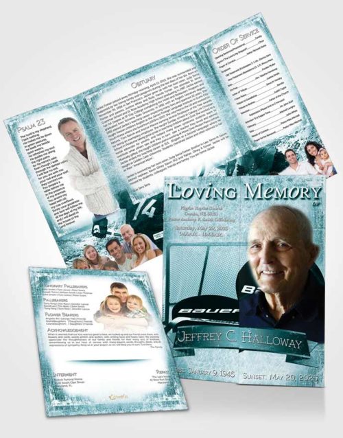 Obituary Funeral Template Gatefold Memorial Brochure Turquoise Hockey Star