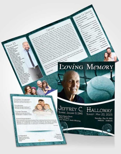 Obituary Funeral Template Gatefold Memorial Brochure Turquoise Serenity Tennis Star