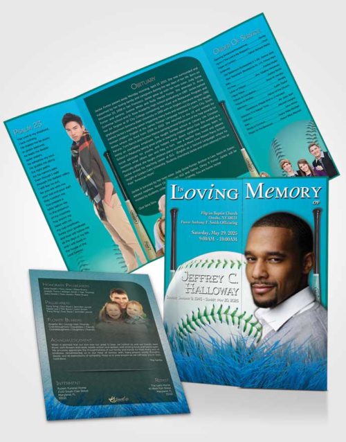 Obituary Funeral Template Gatefold Memorial Brochure Turquoise Sky Baseball Star Dark