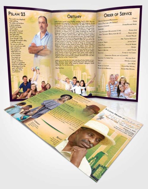 Obituary Template Trifold Brochure Emerald Serenity Cityscape