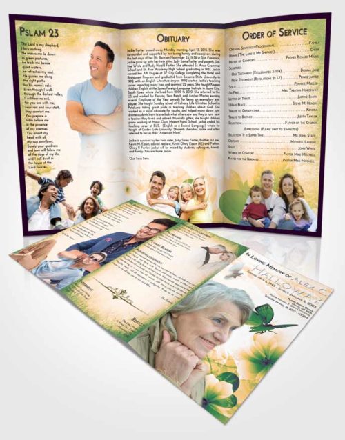Obituary Template Trifold Brochure Emerald Serenity Floral Butterfly