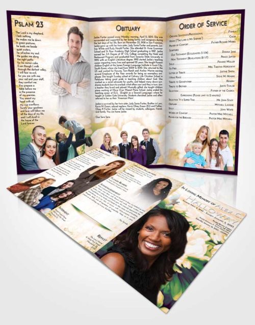 Obituary Template Trifold Brochure Emerald Serenity Floral Mist