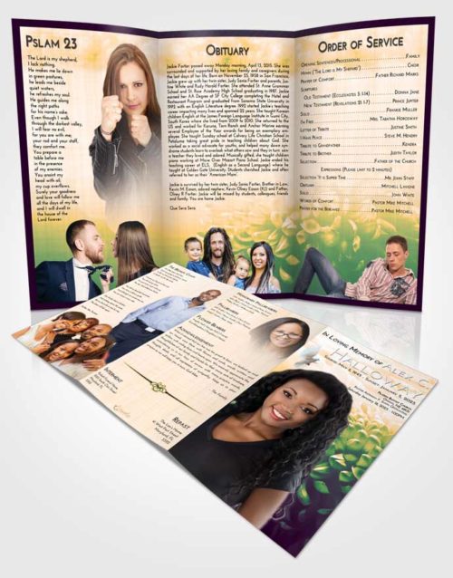 Obituary Template Trifold Brochure Emerald Serenity Floral Morning