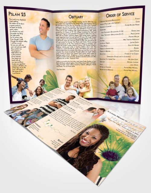 Obituary Template Trifold Brochure Emerald Serenity Floral Raindrops