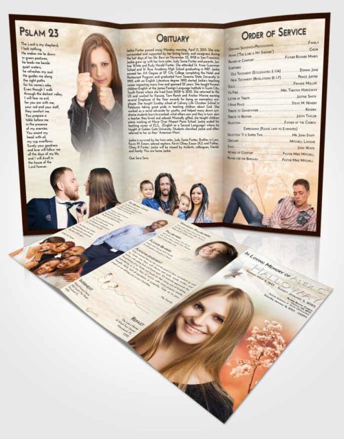 Obituary Template Trifold Brochure Golden Peach Colorful Spring