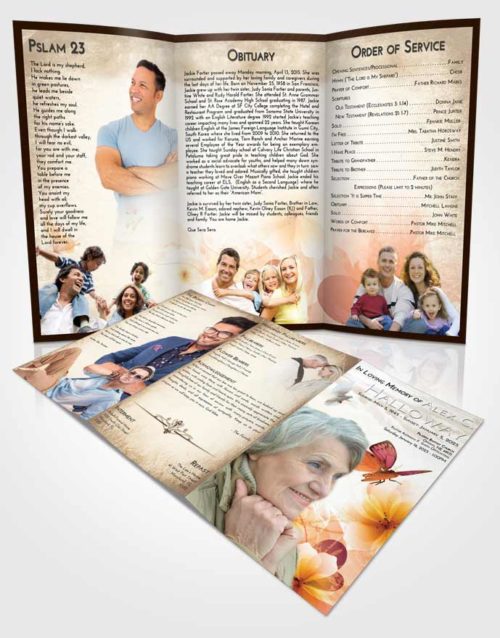 Obituary Template Trifold Brochure Golden Peach Floral Butterfly