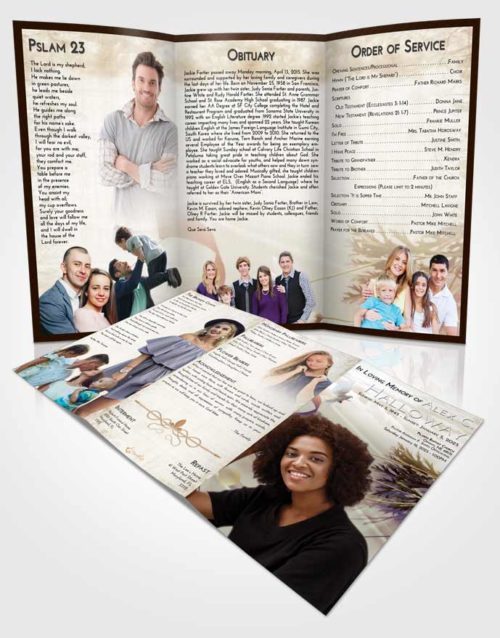 Obituary Template Trifold Brochure Golden Peach Floral Style