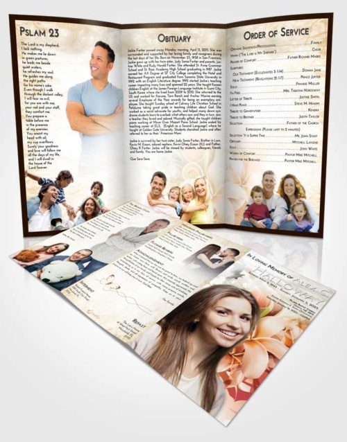 Obituary Template Trifold Brochure Golden Peach Floral Wish