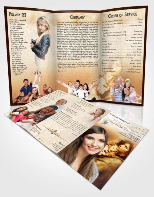 Obituary Template Trifold Brochure Golden Peach Mary and Jesus