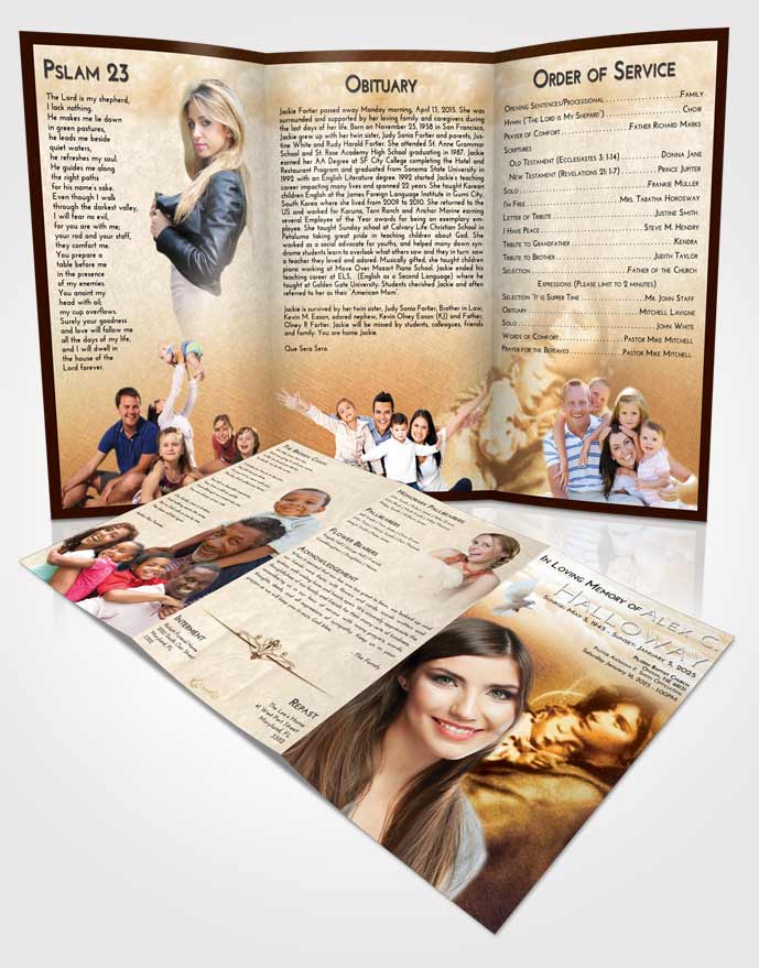 Obituary Template Trifold Brochure Golden Peach Mary and Jesus ...