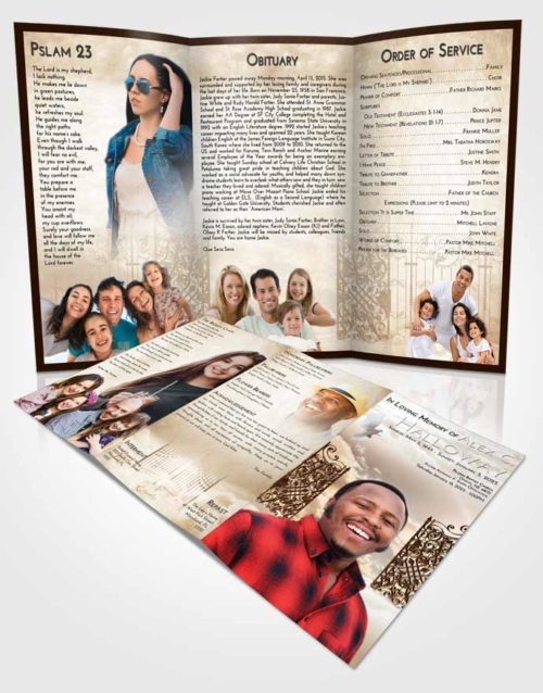 Obituary Template Trifold Brochure Golden Peach Pearly Gates of Heaven