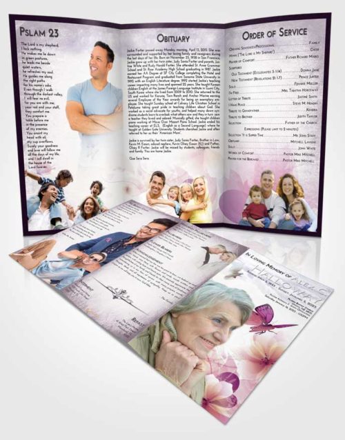 Obituary Template Trifold Brochure Lavender Sunrise Floral Butterfly