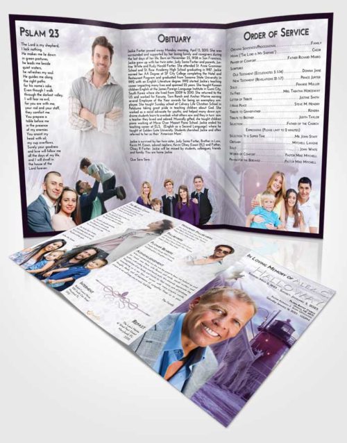 Obituary Template Trifold Brochure Lavender Sunrise Lighthouse Tranquility