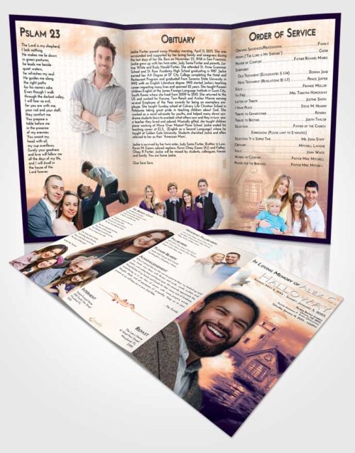 Obituary Template Trifold Brochure Lavender Sunset Lighthouse Lookout