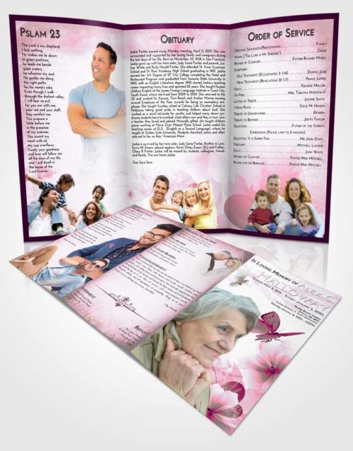 Obituary Template Trifold Brochure Pink Faith Floral Butterfly