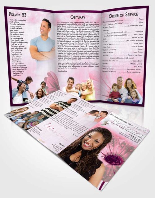 Obituary Template Trifold Brochure Pink Faith Floral Raindrops