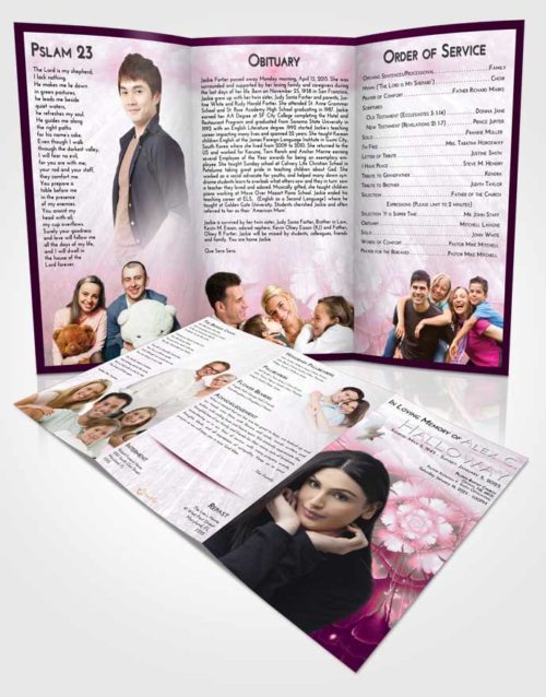 Obituary Template Trifold Brochure Pink Faith Floral Secret