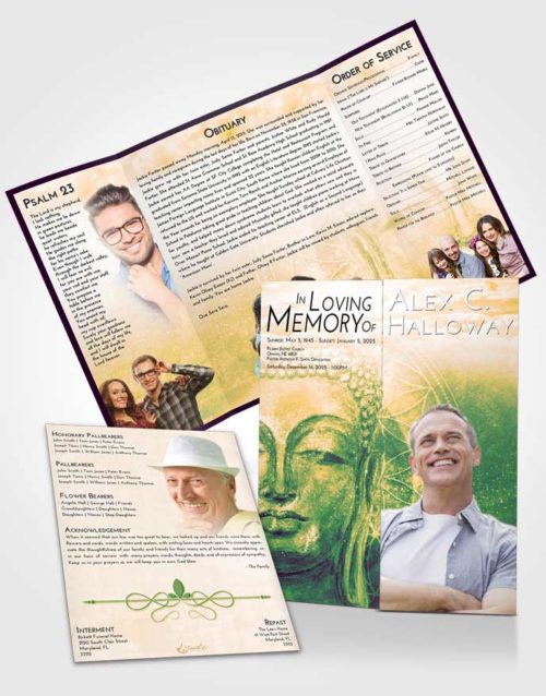 Obituary Funeral Template Gatefold Memorial Brochure Emerald Serenity Buddha Praise