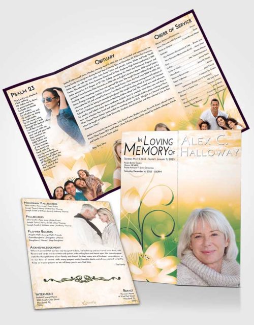 Obituary Funeral Template Gatefold Memorial Brochure Emerald Serenity Floral Peace