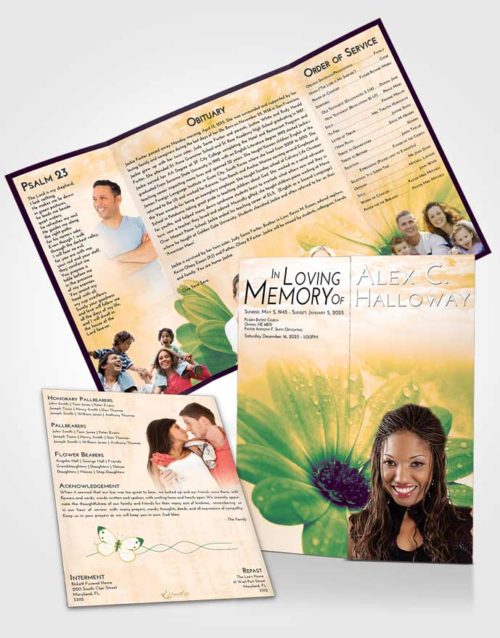 Obituary Funeral Template Gatefold Memorial Brochure Emerald Serenity Floral Raindrops