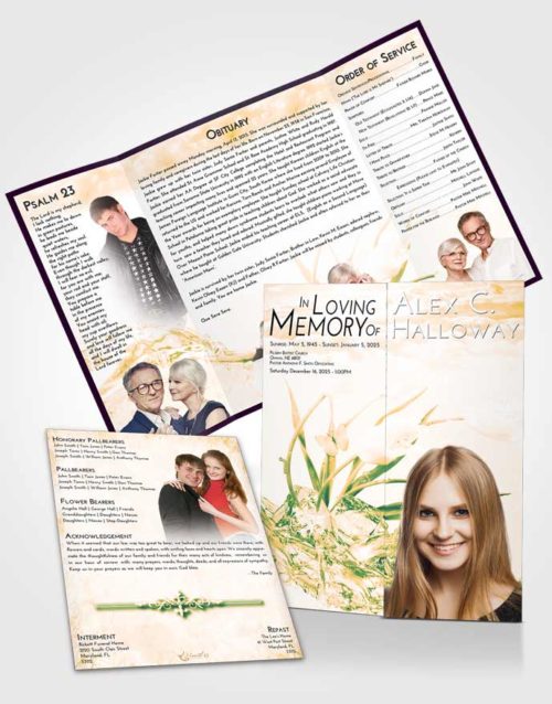 Obituary Funeral Template Gatefold Memorial Brochure Emerald Serenity Floral Wave