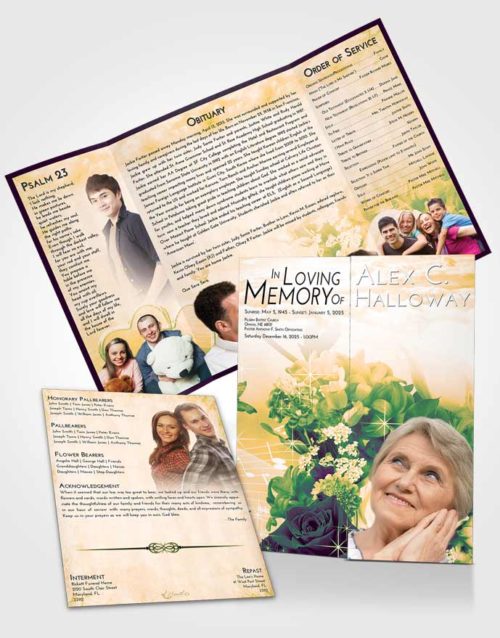Obituary Funeral Template Gatefold Memorial Brochure Emerald Serenity Floral Wonderland