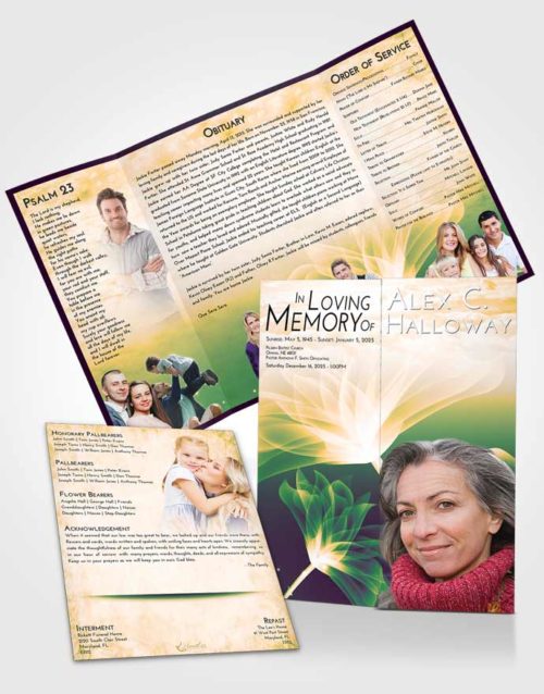 Obituary Funeral Template Gatefold Memorial Brochure Emerald Serenity Flower Peace