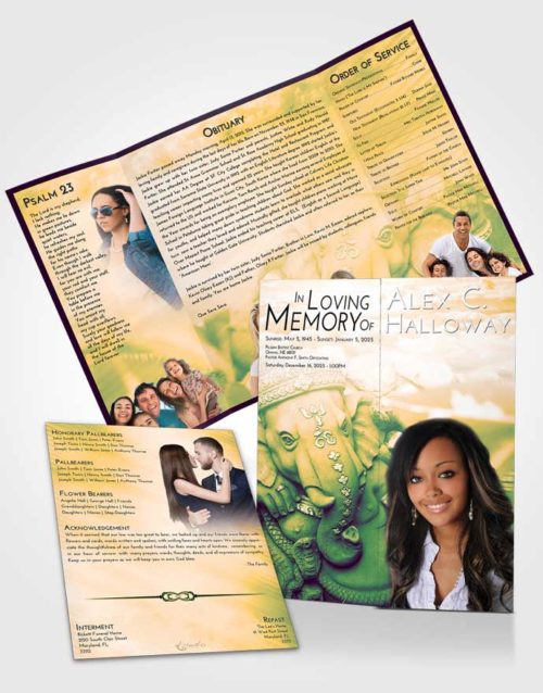 Obituary Funeral Template Gatefold Memorial Brochure Emerald Serenity Ganesha Divinity