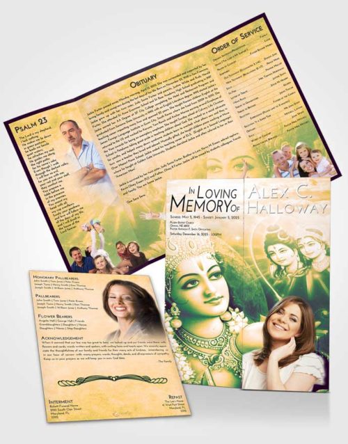 Obituary Funeral Template Gatefold Memorial Brochure Emerald Serenity Hindu Majesty