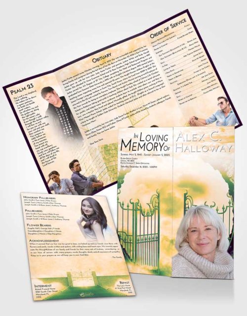 Obituary Funeral Template Gatefold Memorial Brochure Emerald Serenity Mystical Gates of Heaven