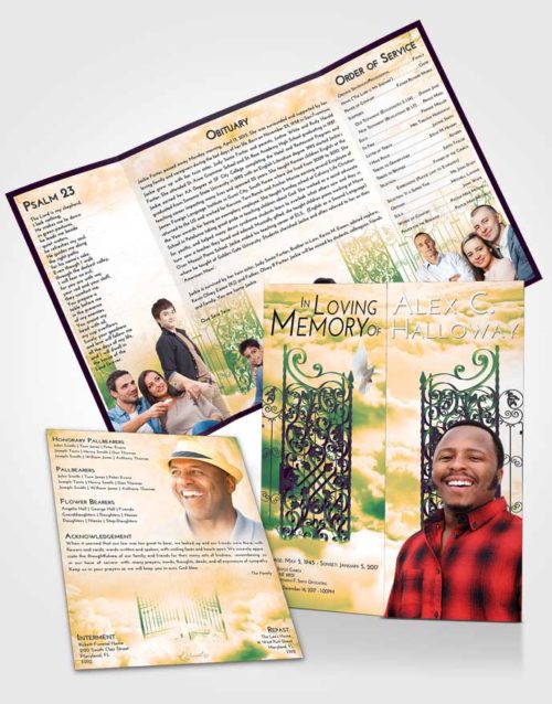 Obituary Funeral Template Gatefold Memorial Brochure Emerald Serenity Pearly Gates of Heaven
