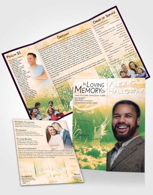 Obituary Funeral Template Gatefold Memorial Brochure Emerald Serenity Precious Gates to Heaven