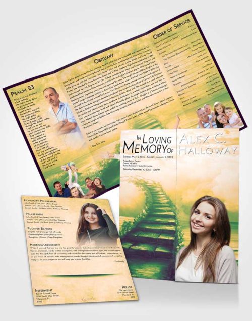 Obituary Funeral Template Gatefold Memorial Brochure Emerald Serenity Stairway Above