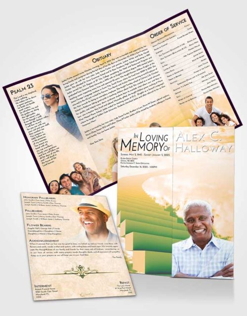 Obituary Funeral Template Gatefold Memorial Brochure Emerald Serenity Stairway to Divinity