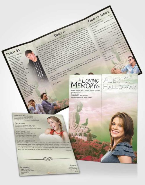 Obituary Funeral Template Gatefold Memorial Brochure Emerald Sunrise Buddha Surprise