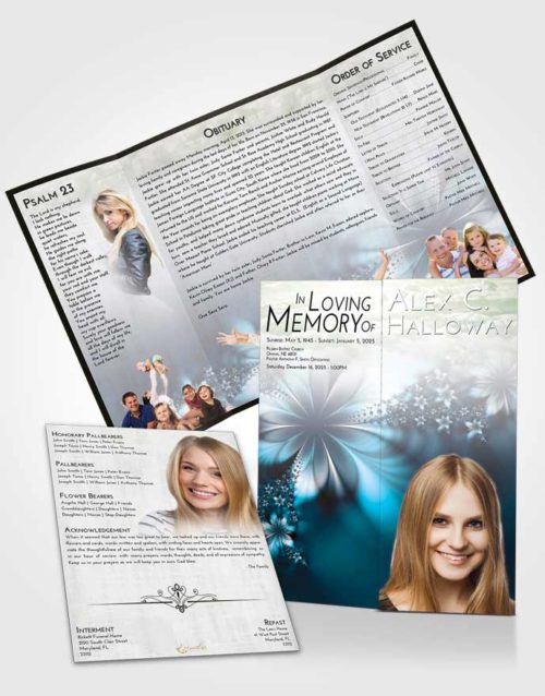 Obituary Funeral Template Gatefold Memorial Brochure Emerald Sunrise Floral Lust