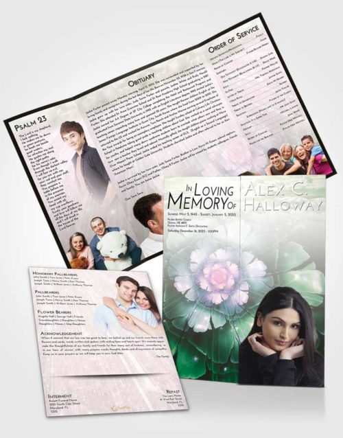 Obituary Funeral Template Gatefold Memorial Brochure Emerald Sunrise Floral Secret