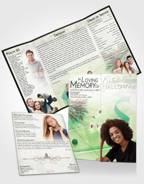Obituary Funeral Template Gatefold Memorial Brochure Emerald Sunrise Floral Style