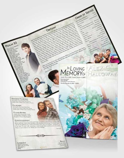 Obituary Funeral Template Gatefold Memorial Brochure Emerald Sunrise Floral Wonderland